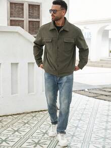 Manfinity Homme Plus Size Men's Solid Color Long Sleeve Single-Breasted Corduroy Casual Versatile Jacket, Fall/Winter - Army Green - View 4