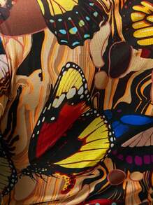 Slaydiva 2025 Spring/Summer/Autumn/Winter New Arrival Sexy Y2K Butterfly Print Front Lace-Up Hollow Mesh Sheer Long Sleeve Women Top - A - Multicolor - View 6