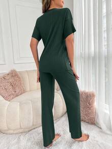 EURMUSE Women 2pcs Rib Knit With Lettered Short Sleeve Shirt&Pants Homewear Set - Green - View 2