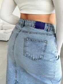 EURMUSE HIGH RISE MAXI DENIM SKIRT WITH SLIT - Medium Wash - View 3