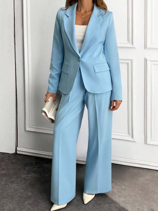 EURMUSE 2 pezzi Completo giacca blazer e pantaloni a gamba ampia, tinta unita