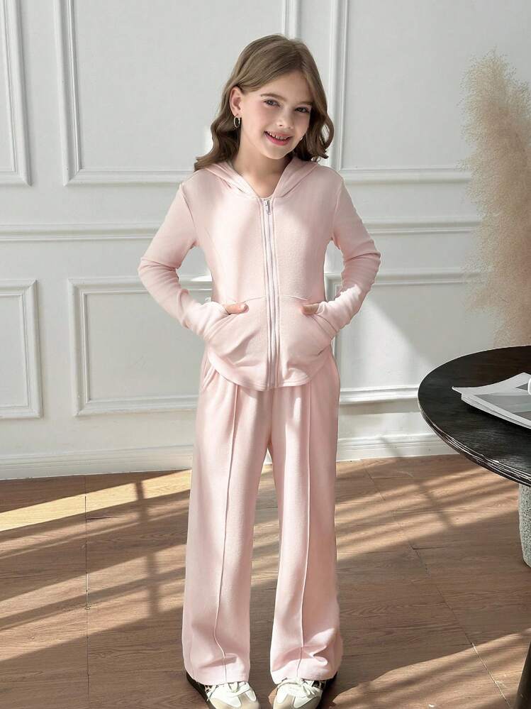 SHEIN Tween Girls 2pcs Solid Pink Drawstring Hoodie Top And Wide Leg Pants Set, Casual For Spring/Autumn, Daily Wear, Tween Girls Light Pink Outfit, Spring Autumn Tween Girls Pants Set, Winter Girls Clothes, Mommy And Me Matching Outfit, Chic Autumn, Chic Autumn Mother Daughter Outfits Fall Girls Long Sleeve Tracksuit Pink Loungewear Set - Pink - View 7