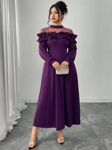Modelyn Plus Size Women Elegant Waist Cinched Mesh Patchwork Ruffle Hem Dress Fall Cloth For Women - Purple - View 5