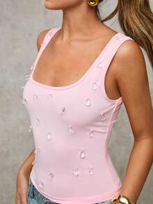 SHEIN BAE 女士夏季岛屿假期意大利度假水晶装饰方领修身吊带背心/度假背心