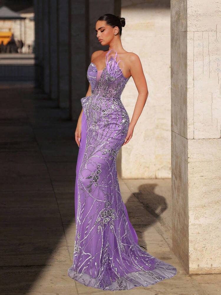 Glamrae Elegant Luxurious Sequin & Pearl Embellished Satin Sexy Thigh High Slit Mermaid Skirt With Side Drape, Suitable For Wedding, Party, Prom, Banquet (Heavy Embroidery) - Purple - View 5