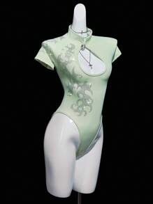 SHEIN ICON 女士绿色水钻装饰前后镂空高领紧身衣 - 黑色 - 查看 3