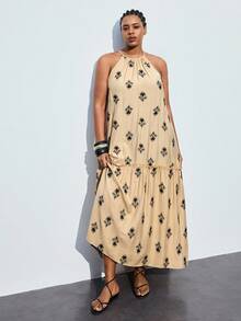 Maija Große Größen Sommer Lässig Kleid mit Blumen Allover-Muster und Trägerkragen