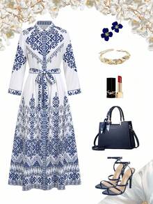 Ellevyn Women's Elegant Vintage Print Belted Shirt Dress