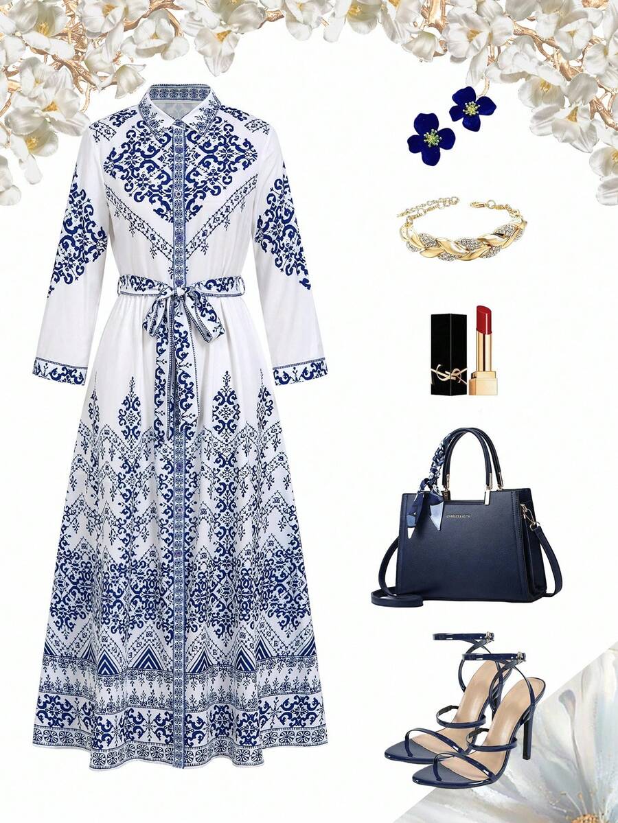 Ellevyn Women's Elegant Vintage Print Belted Shirt Dress