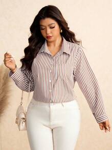 EMERY ROSE Plus Size Women Cotton Crisp Striped Shirt With Chest Pocket,White Sequence,Autumn,Smart Casual,Everyday Long Sleeve Curved Hem Blouse Commute Tops - Multicolor - View 4