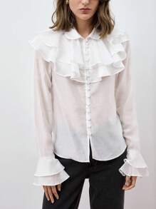 Maija Blusa elegante de mujer con volantes y mangas acampanadas, estilo bohemio de unicolor - Blanco - Ver 6