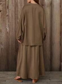 EMERY ROSE Plus Size Women's Fashionable Elegant Casual Batwing Sleeve Round Neck Loose Autumn Coffee 2-Piece Set Fall Cloth For Women - Mocha Brown - View 2