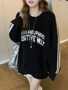 DAZY 女士圆领休闲韩版风格艺术字母撞色长袖毛衣秋季