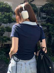 DAZY 字母图形对比领四分之一拉链 T 恤生活的意义在于拥有目标并实现目标努力变得更好 - 藏蓝色 - 查看 2