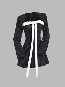 Sweetra Women's Retro Striped Blazer Design Lace Bowknot Waist Slim Fit Halter Dress Set, Elegant Style Fall Cloth For Women