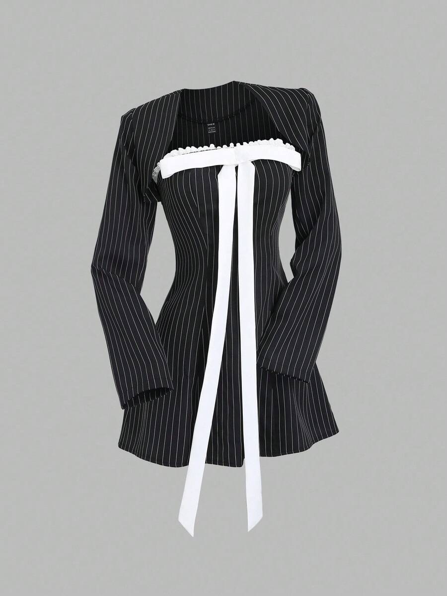 Sweetra Women's Retro Striped Blazer Design Lace Bowknot Waist Slim Fit Halter Dress Set, Elegant Style Fall Cloth For Women