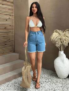 EURMUSE 女士高腰短款刺绣草莓 - 淺色水洗藍 - 查看 6