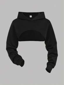 Girlism 少女黑色基本款运动休闲长袖短款连帽运动衫、白色基本款运动背心和黑色休闲运动裤套装 3 件套，开学季，户外运动服，运动服，秋季服装，演唱会服装