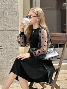 SHEIN 青少年女孩休闲法式时尚天鹅绒拼接长袖星星网眼优雅修身连衣裙，适合日常穿着、毕业派对、万圣节、活动 - 黑色 - 查看 2