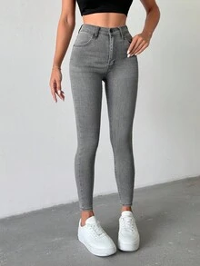 EURMUSE 97% Cotton Women Fashion Simple Design Summer Solid Skinny Jeans - Medium Wash - View 7