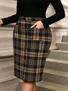 SHEIN Clasi 大码优雅通勤格子前扣修身半身裙 - 卡其色 - 查看 3