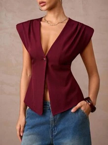 Lumalex Burgundy,Summer,Elegant,Night Out Women's V Neck Asymmetrical Hem Shirred Waist Wide Shoulder Blouse Glitter Holiday Party Rave Bohemian Luxury Top - Burgundy - View 6
