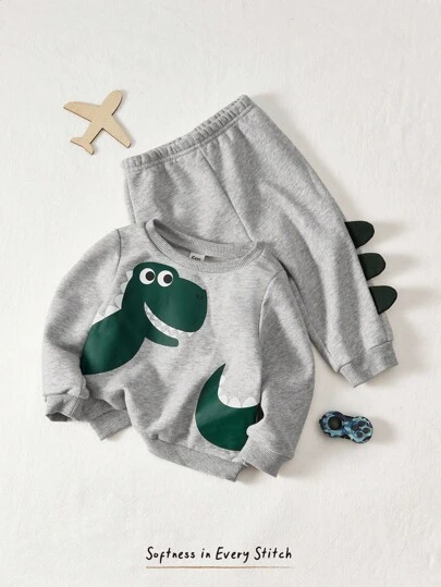 Cozy Pixies Baby Boy Cute Crocodile Printed Round Neck Loose Sweatshirt And Long Pants Set