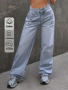 EURMUSE HIGH RISE STRAIGHT JEAN WITH BUTTON DETAILED - Medium Wash - View 1