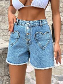 EURMUSE 100%纯棉心形口袋高腰短裤