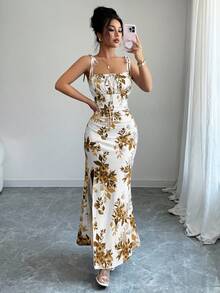 Elenzga 新款女式细肩带蝴蝶结腰部褶饰下摆开衩设计连衣裙，适合约会、派对、日常穿着，优雅迷人 - 棕色 - 查看 5