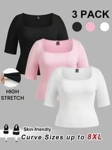 SHEIN CURVE+ 3 قطع/مجموعة تي شيرت نسائي بأكمام قصيرة وياقة مربعة ضيق بلون أحادي، مقاسات كبيرة، ملابس خريف وشتاء - متعدد الألوان - مشاهدة 1