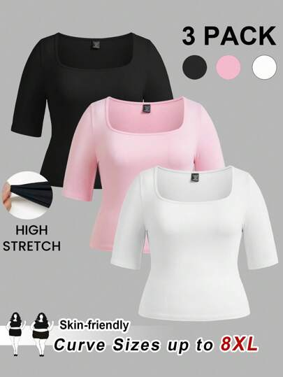 SHEIN CURVE+ Set de 3 camisetas de manga corta de punto de cuello cuadrado de unicolor, de corte ajustado y talla grande para mujeres, ropa de otoño/invierno
