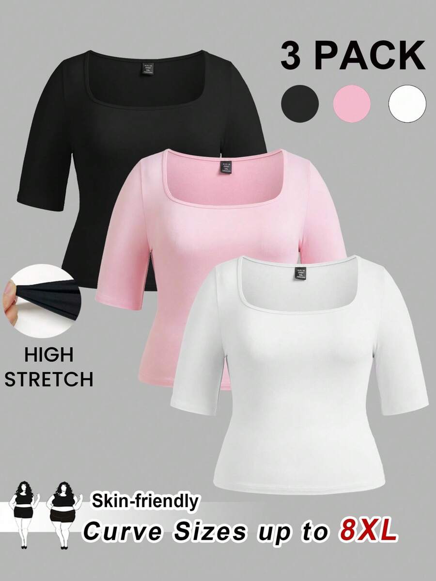 SHEIN CURVE+ 3 قطع/مجموعة تي شيرت نسائي بأكمام قصيرة وياقة مربعة ضيق بلون أحادي، مقاسات كبيرة، ملابس خريف وشتاء - متعدد الألوان - مشاهدة 1