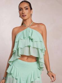 L'Amorae Women Crinkle Chiffon Halter Neck Triple Layered Top Summer Ibiza Vacation Mint Turquoise - Green - View 4