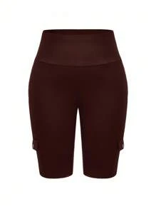EMERY ROSE Plus Size High Waist Fold-Over Cargo Running Shorts With Pockets, Tummy Control & Butt Lifting - Brown - View 7
