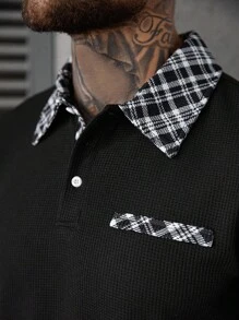 Manfinity CasualCool 男士休闲格子拼布 Polo 衫，时尚男士黑色短袖 Polo 衫，纽扣前襟，常规版型运动外观，经典黑色涤纶 Polo 衫，格子领和短袖，男士黑色 Polo 衫，格子领细节，常规版型短袖运动格子点缀黑色 Polo 衫，老钱风格 - 黑色 - 查看 6