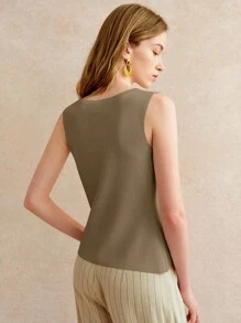 Blusa de punto sin mangas con botones delanteros de unicolor para uso casual y de oficina para mujeres - Caqui - Ver 3