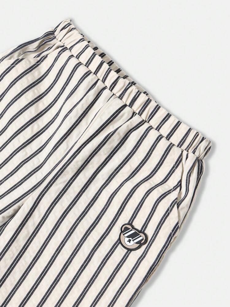 Linen Feel Striped Pull On Pants With Elastic Waist