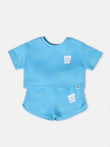 SUMWON Baby Girls Good Days Club Two Piece Summer Outfit Cropped T-Shirt And Shorts Set Casual Wear Matching Co-Ord Infant Toddler Clothing - Blue - View 2