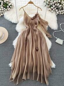 DreamSkyne 加大码花卉 3D 吊带连衣裙，休闲度假海滩优雅浪漫约会连衣裙 - 棕色 - 查看 1