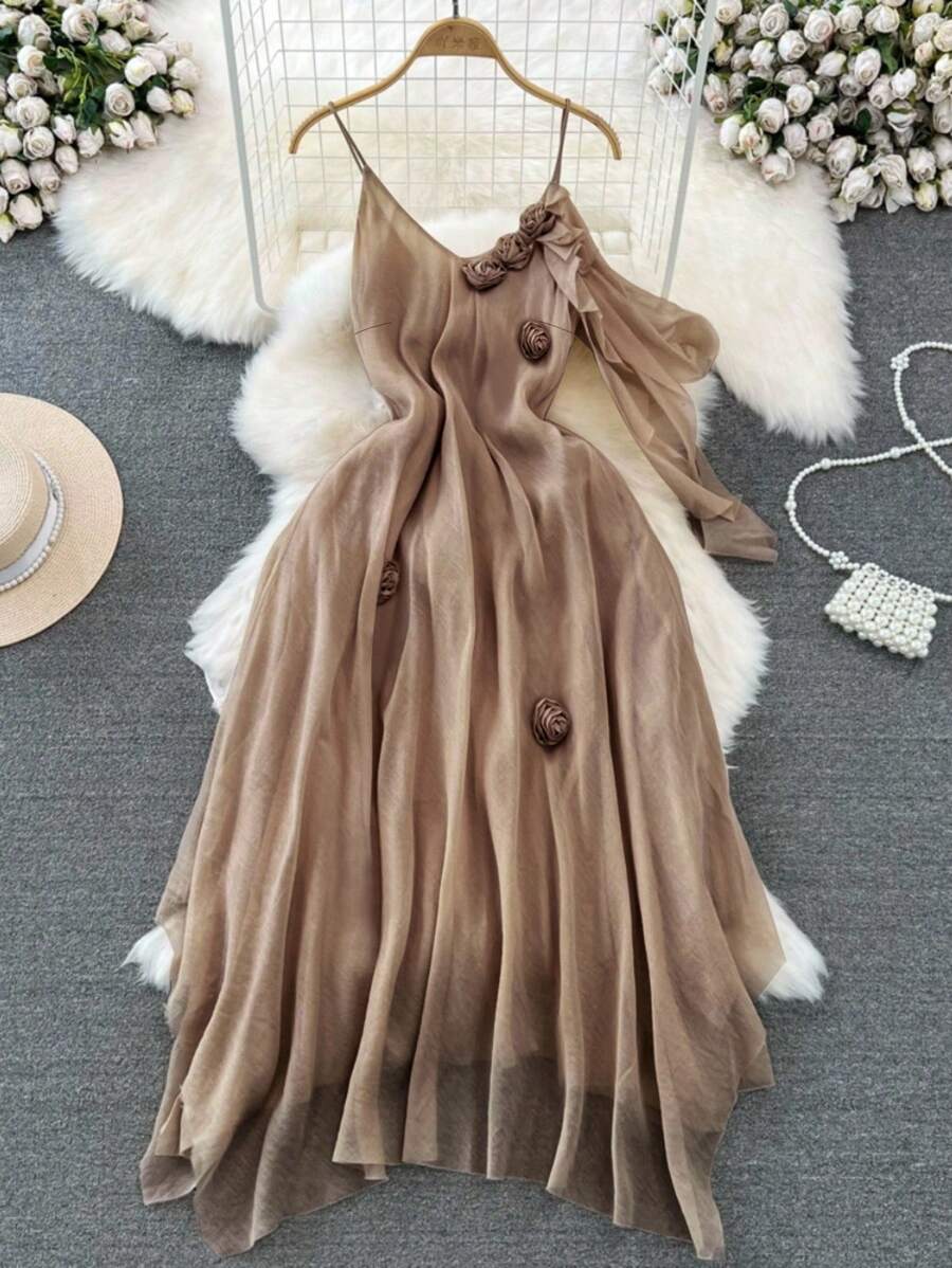 DreamSkyne 加大码花卉 3D 吊带连衣裙，休闲度假海滩优雅浪漫约会连衣裙 - 棕色 - 查看 1