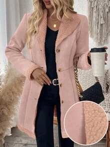 SHEIN Clasi Women's Solid Color Lapel Long Sleeve Front Button Casual Jacket Thermal,Fall