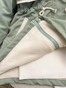 1 Stück Mädchen Farbblock Gepolsterte Jacke, Fleece Futter, Kapuze, Kunstfell Kragen, Reißverschluss, Taille, große Taschen, Winter