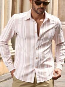 HIMLAND 男士休闲梭织条纹修身长袖衬衫，秋季