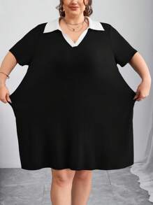 SHEIN CURVE+ Plus Size Women Colorblock Lapel Short Sleeve Casual Dress,Graduation Dress Plus Size Black And White Dress Women Plus Dress Plus Size Collared Dress Collared Dress Plus Casual Dress