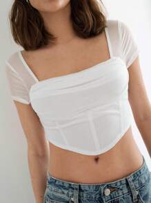 Maija Blusa corta de mujer de manga corta con cuello cuadrado y bajo asimétrico, color blanco - Blanco - Ver 3