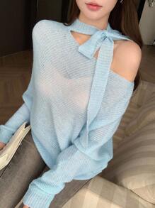 DAZY Damen Herbst/Winter Pullover mit Schnürung, asymmetrischem Ausschnitt und Hohlmuster, Damenbekleidung für den Herbst