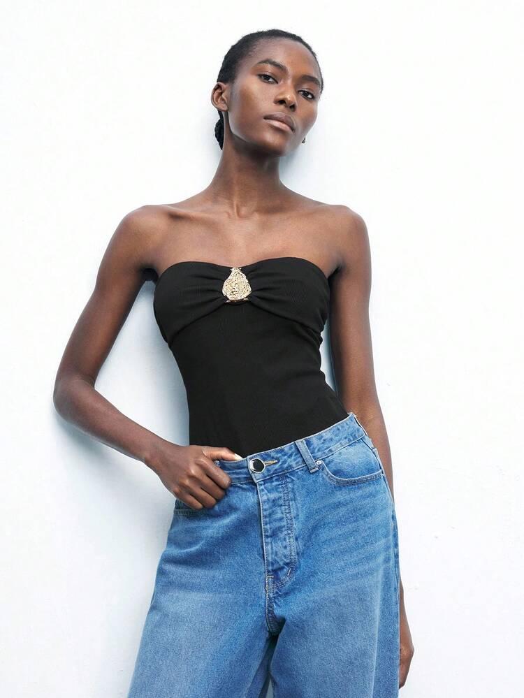 SHEIN Maija Women's Fashionable Sexy Metal Decor Bandeau Bodysuit