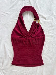 Soleia 女式纹理针织垂坠领金属肩带宽松衬衫，适合派对、圣诞节、约会、夜总会、海滩、游轮、下午茶、波西米亚风、波西米亚风、度假、秋季 - 酒紅色 - 查看 2