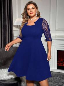 SHEIN Clasi Plus Size Solid Color Mid-Sleeve Lace Patchwork Keyhole Neck Ruffle Hem Elegant Dress - Royal Blue - View 6